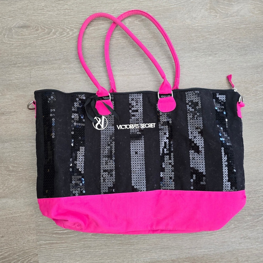 Victorias Secret Black Sequin Pink Weekender Tote Bag Travel Duffel Overnight